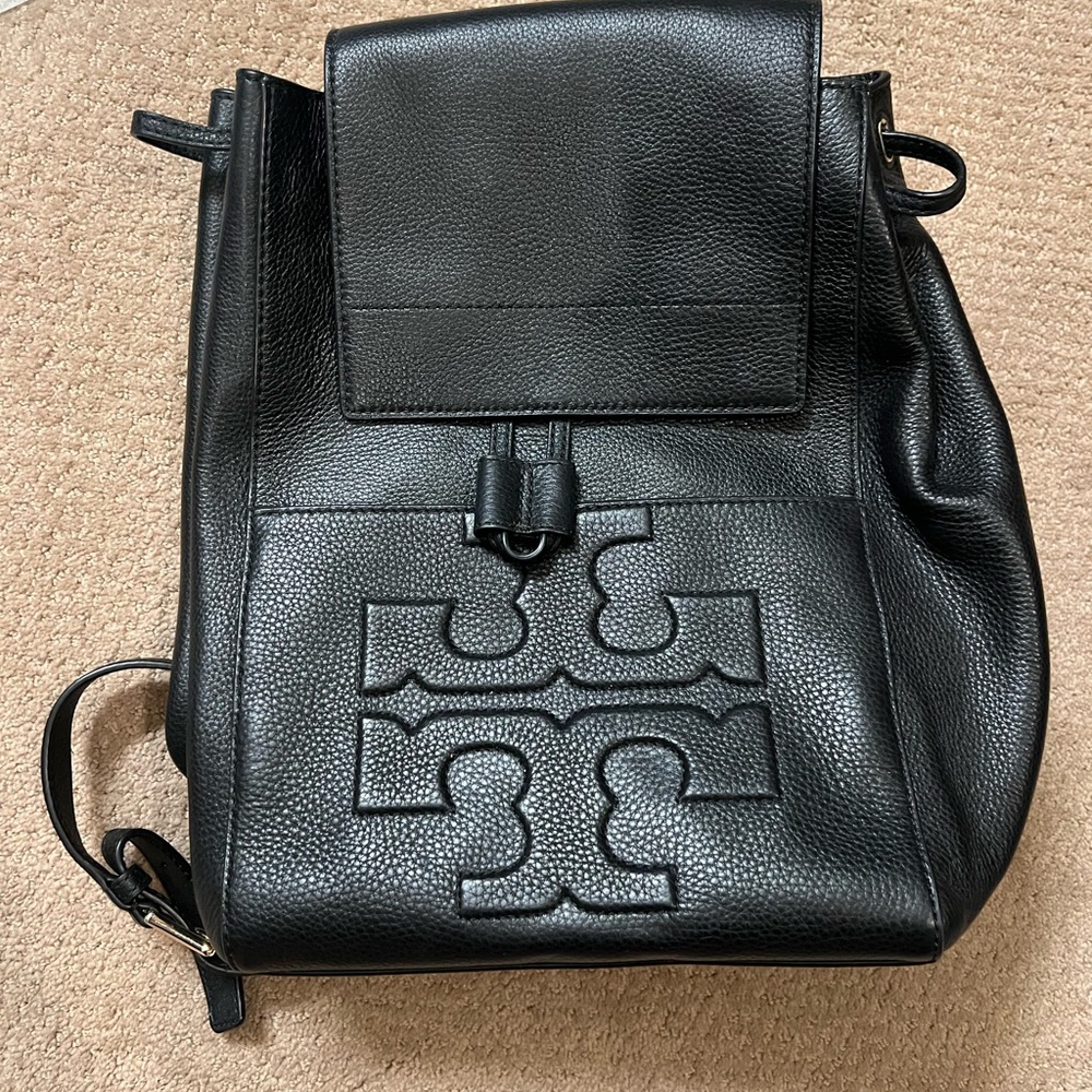 Almost brand new Tory Burch Black Leather Backpack with Embossed Logo